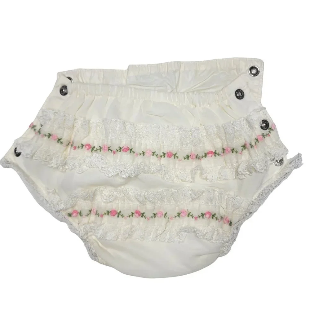 vintage floral ruffle lace cloth diaper cover bloomer side snaps 18-25 pounds